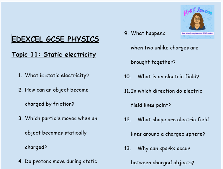 Static Electricity – GCSE Physics Topic 11 Retrieval Questions | Edexcel