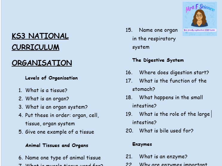 KS3 Science Organisation Retrieval Questions | National Curriculum | 30 Questions