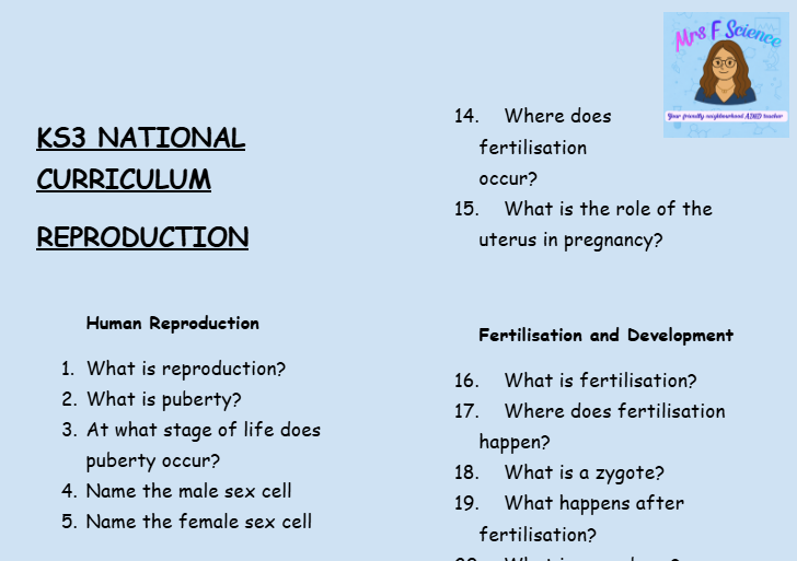 KS3 Science Reproduction Retrieval Questions | National Curriculum | 30 Questions