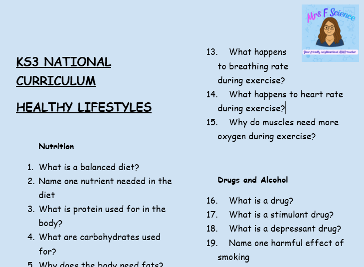 KS3 Science Healthy Lifestyle Retrieval Questions | National Curriculum | 30 Questions