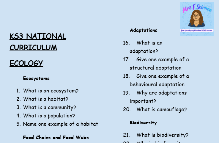 KS3 Science Ecology Retrieval Questions | National Curriculum | 30 Questions