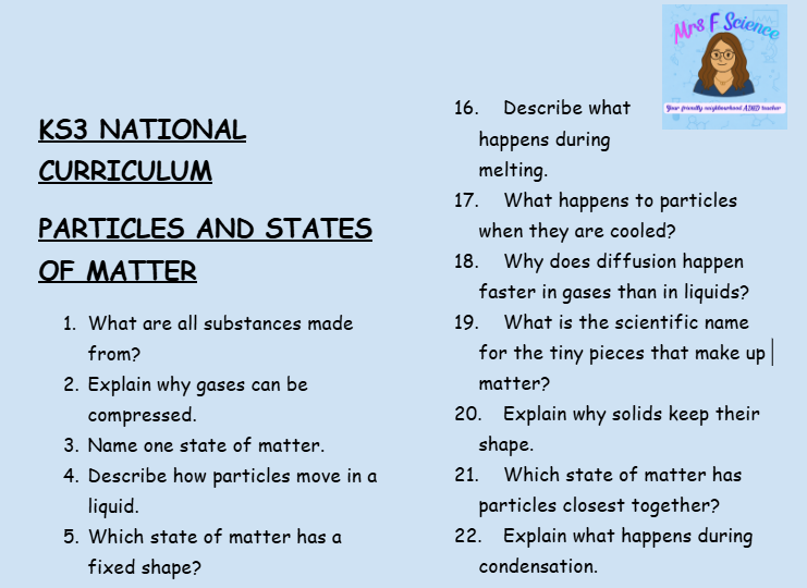 KS3 Science Particles and States of Matter Retrieval Questions | National Curriculum | 30 Questions