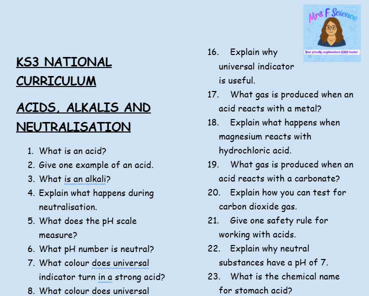 KS3 Science Acids, Alkalis and Neutralisation Retrieval Questions | National Curriculum | 30 Questions