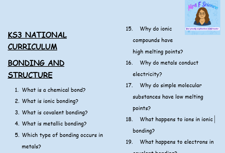 KS3 Science Bonding and Structure Retrieval Questions | National Curriculum | 30 Questions
