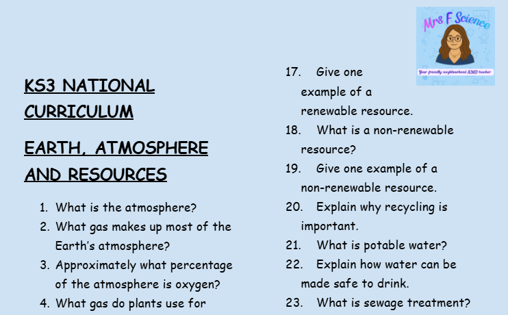 KS3 Science Earth, Atmosphere and Resources Retrieval Questions | National Curriculum | 30 Questions