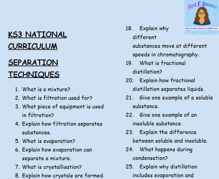 KS3 Science Separation Techniques Retrieval Questions | National Curriculum | 30 Questions