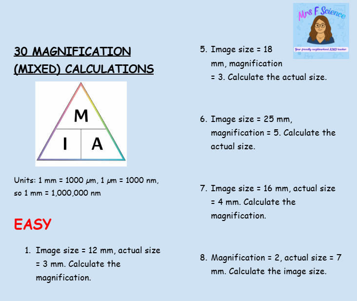 GCSE Biology Magnification Calculations Worksheet | AQA | OCR | Edexcel | KS4