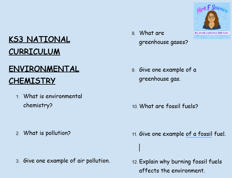 KS3 Science Environmental Chemistry Retrieval Questions | National Curriculum | 30 Questions