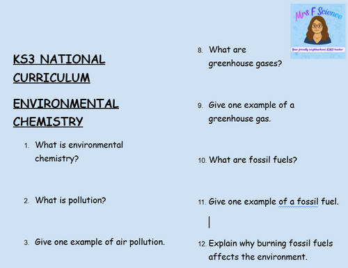 KS3 Science Environmental Chemistry Retrieval Questions | National Curriculum | 30 Questions