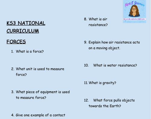KS3 Science Forces Retrieval Questions | National Curriculum | 30 Questions