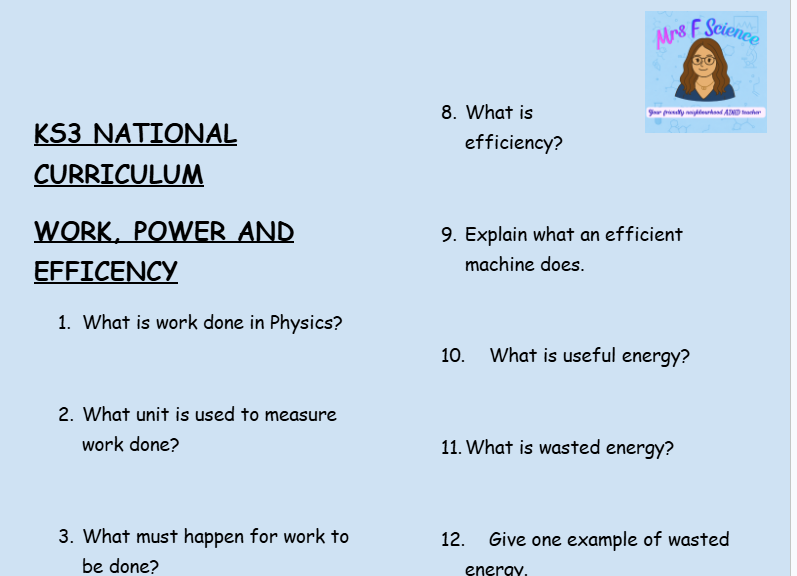 KS3 Science Work, Power and Efficiency Retrieval Questions | National Curriculum | 30 Questions