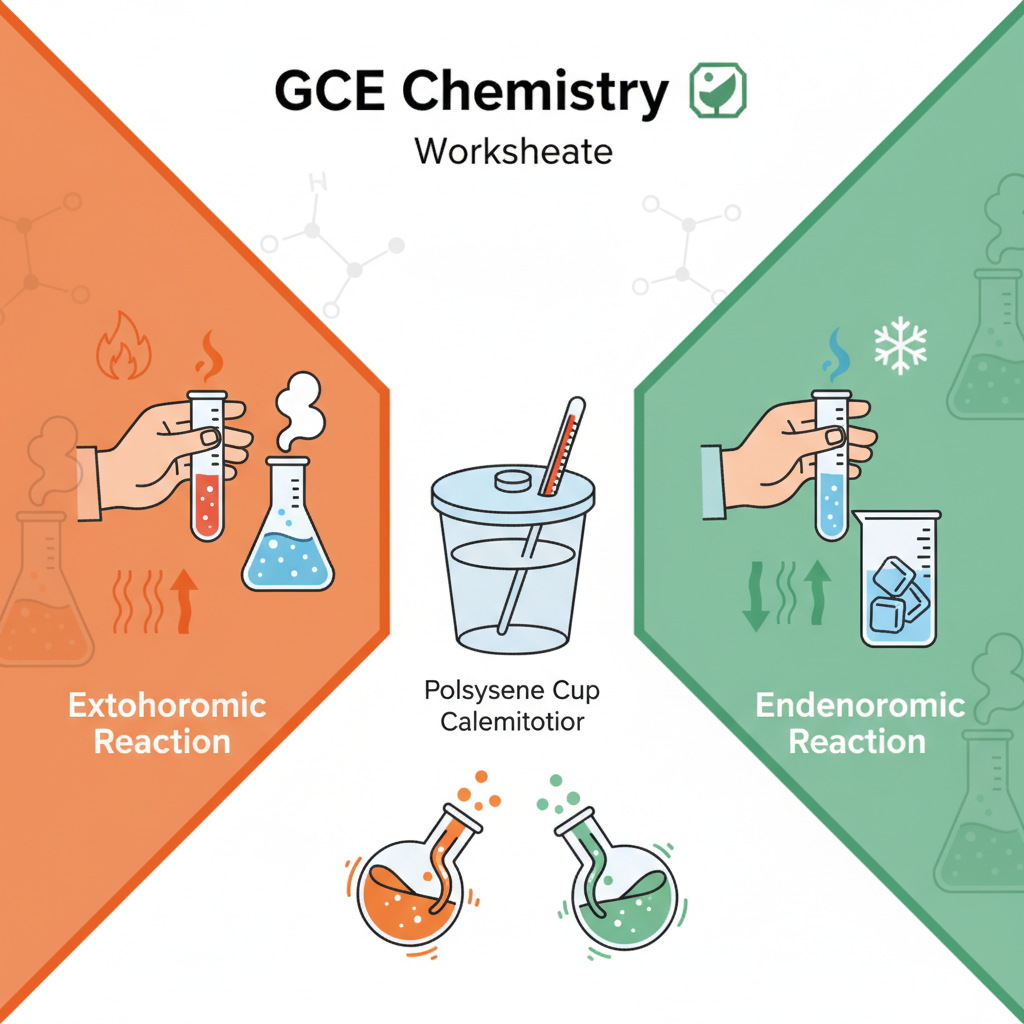 GCSE Chemistry temperature changes required practical showing test tubes, thermometer, calorimeter and chemical reactions