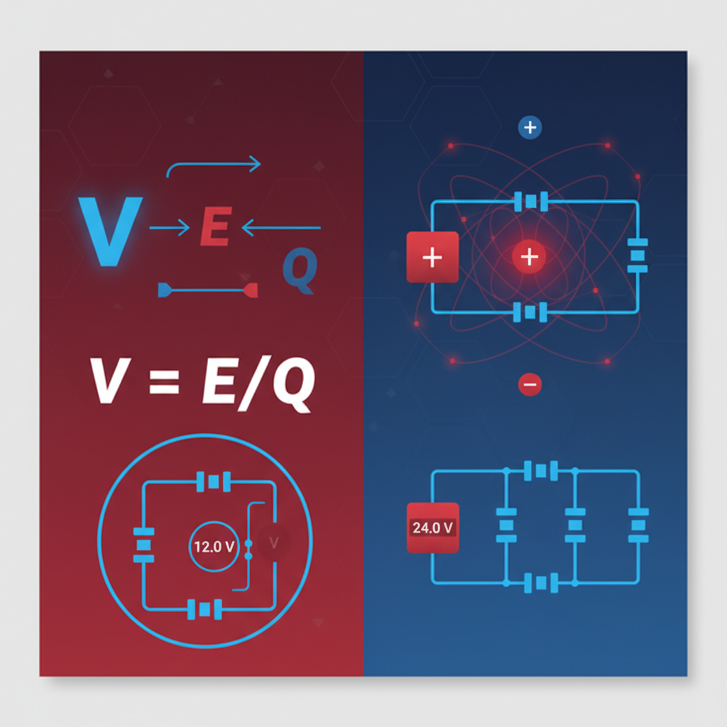 GCSE Physics potential difference calculations showing voltage, circuits, voltmeters and V=E/Q formula