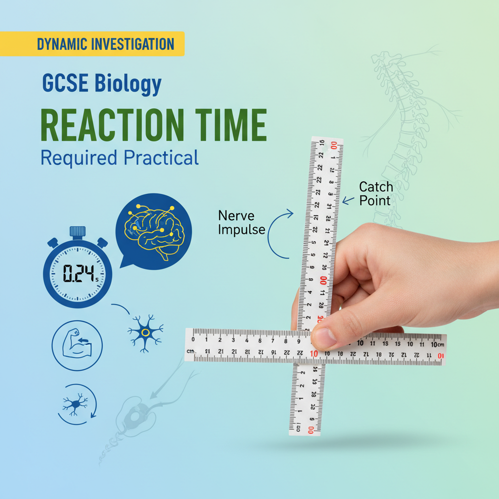 GCSE Biology Reaction Time Required Practical Worksheet showing hand catching falling ruler with measurement markings and brain neural pathways