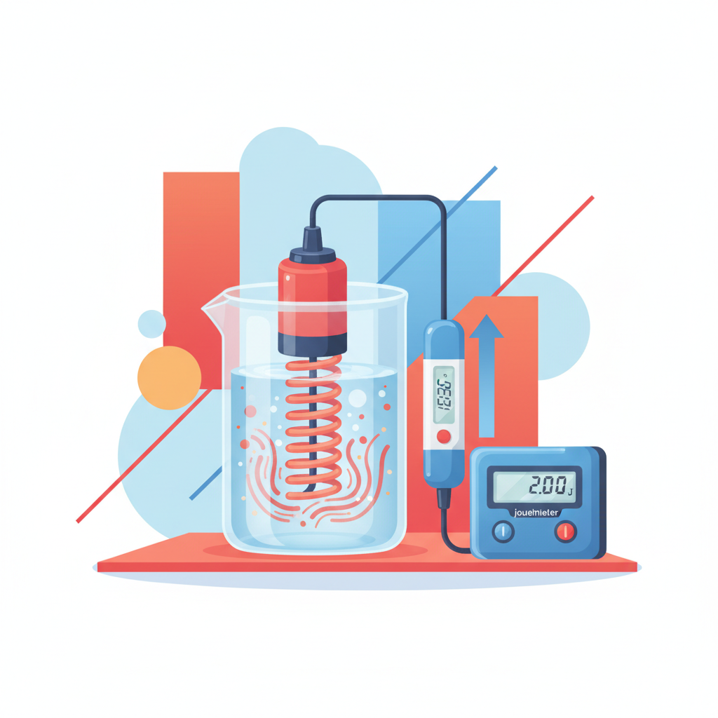 GCSE Physics specific heat capacity required practical showing beaker, immersion heater, thermometer and joulemeter