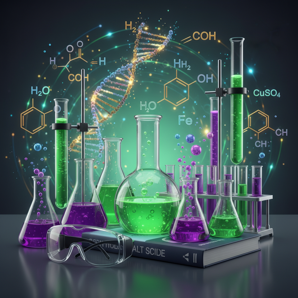 Ultimate GCSE Chemistry required practical revision bundle showing chemistry lab equipment, beakers, test tubes and molecular structures