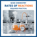 GCSE Chemistry Rates of Reactions Required Practical Worksheet showing conical flasks, gas syringes, stopwatch and fizzing chemical reactions