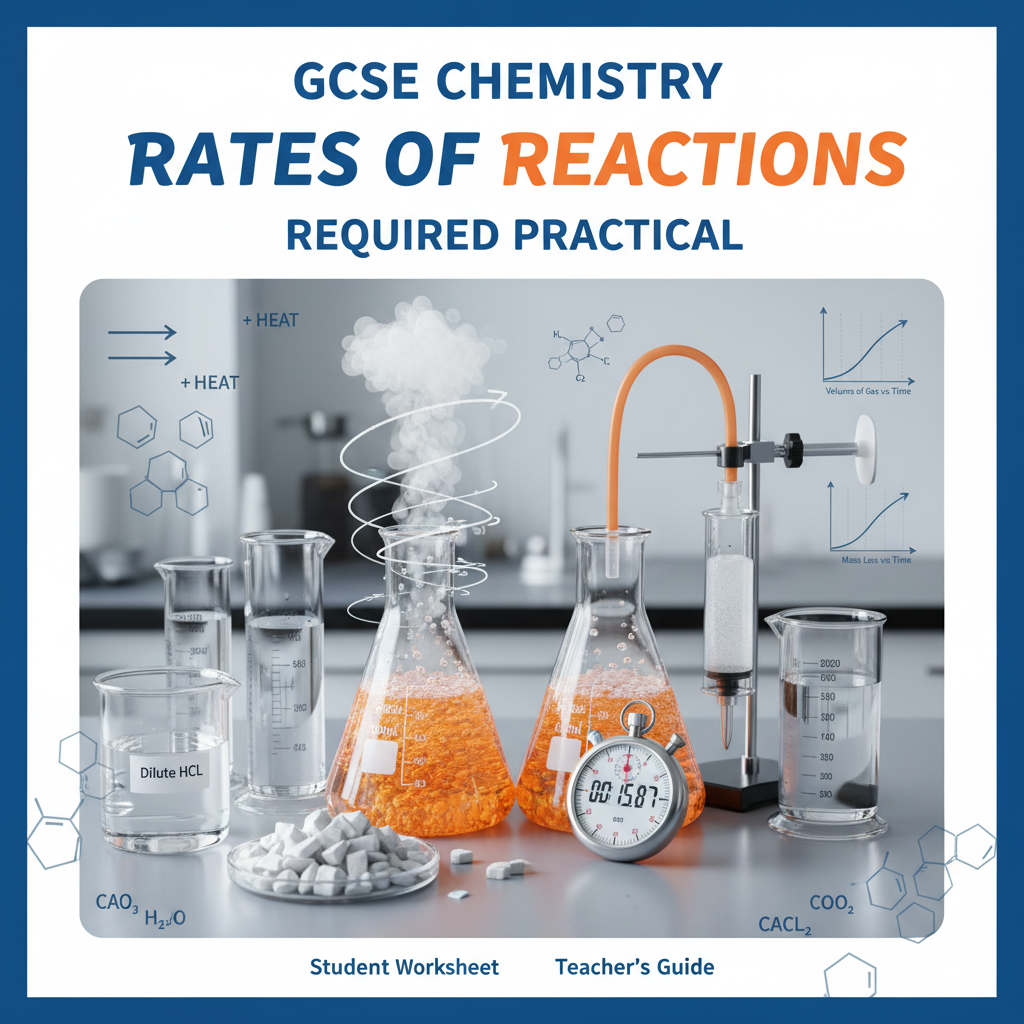 GCSE Chemistry Rates of Reactions Required Practical Worksheet showing conical flasks, gas syringes, stopwatch and fizzing chemical reactions