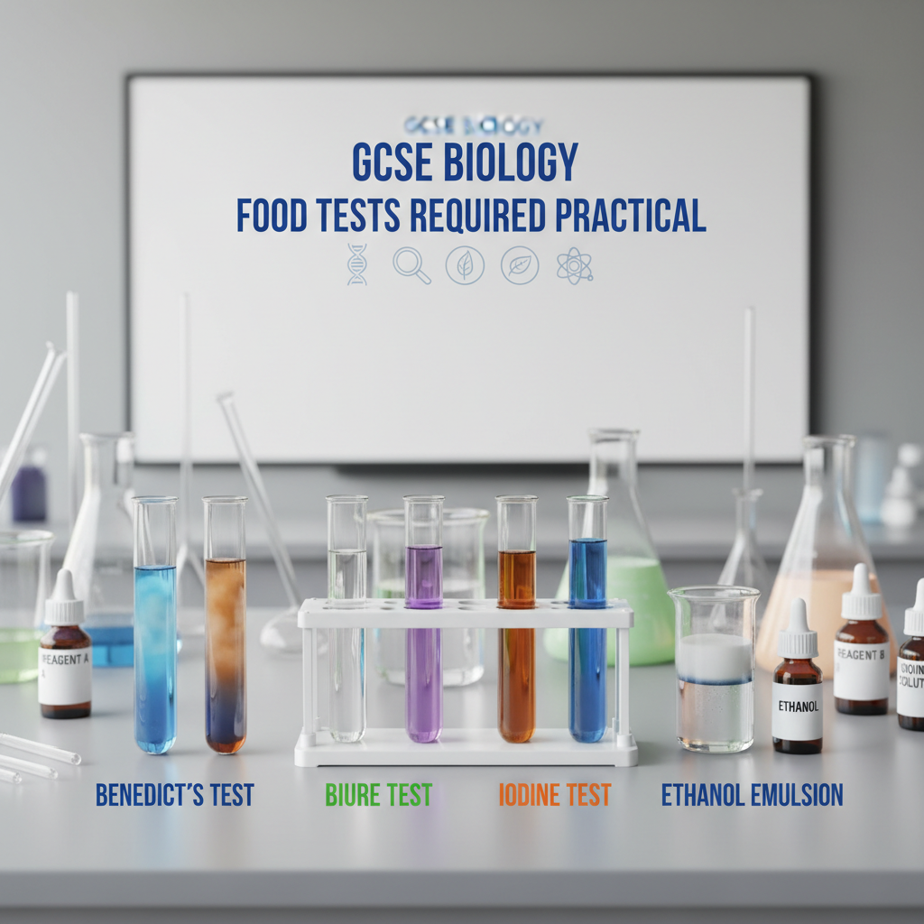 GCSE Biology Food Tests Required Practical Worksheet showing laboratory equipment and test tubes for Benedict's, Biuret, Iodine and Ethanol emulsion tests